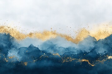 Abstract blue and gold art piece featuring wavy lines and shimmering details