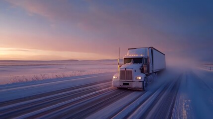 White Semi-Truck on a Snowy Highway at Sunrise