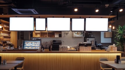 A modern café interior with digital menu boards and a display case.