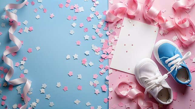 Flat lay of pink and blue baby shoes surrounded by pastel confetti on a blue background, ideal for gender reveal, baby showers, or newborn announcement designs.

