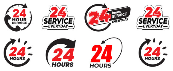 24 hours support a variety of symbols, icons, badges, labels, and stickers for Customer Service, Support, and Call Center Concept Isolated on a Red Black Text  White Background.
