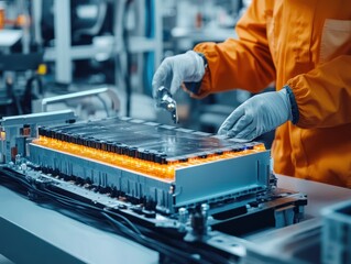 An engineer is working with EV car battery cells module in laboratory