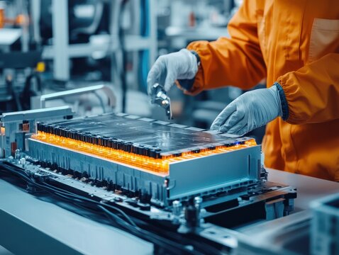 An engineer is working with EV car battery cells module in laboratory - Powered by Adobe