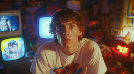 Young Man in a Retro Arcade Room Surrounded by Neon Screens and Vintage Decor - Nostalgia and Pop...