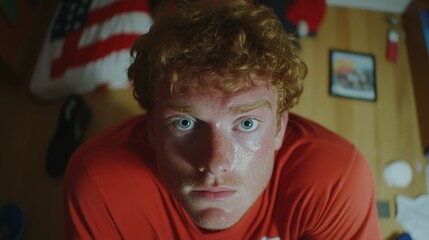 Close-Up of a Young Red-Haired Man with Intense Expression and Soft Lighting in a Nostalgic Room...