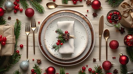 Elegant Christmas table setting with red and gold decorations, pine branches, and holiday ornaments, perfect for festive celebrations, event designs, or holiday promotions.