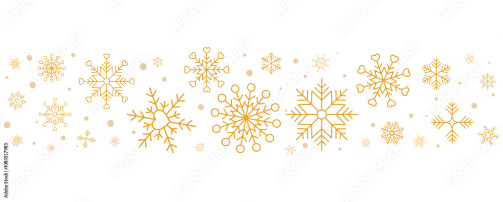 Poster christmas border with gold snowflakes isolated on transparent background and flowing dots particles.