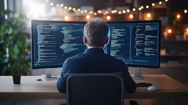 A woman is sitting in front of a computer monitor with a lot of code on it