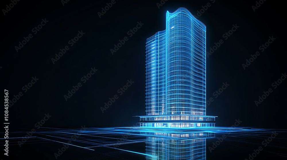 Poster a blue hologram of modern highrise building on dark background with glowing lines and white building