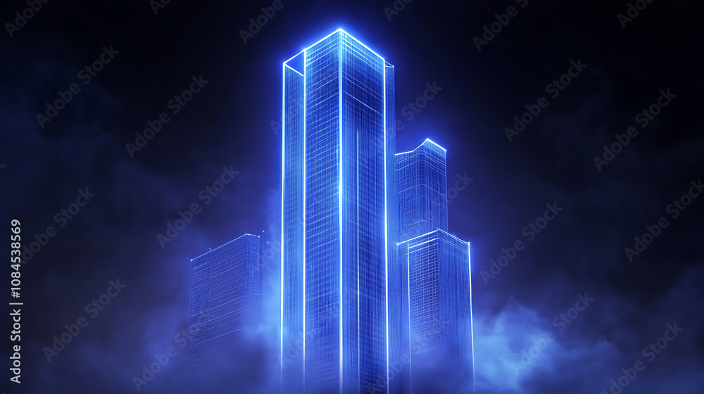 Aufkleber a blue hologram of modern highrise building on dark background with glowing lines and white building