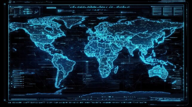 Blue digital world map with glowing network lines and data points, ideal for global communication and information technology themes