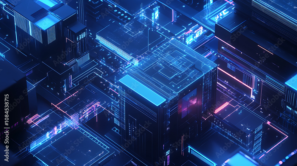 Aufkleber A blueprint of an office building with digital lines and blue hues representing the future of architecture