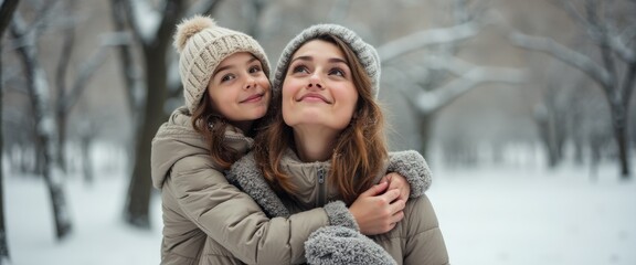 Obraz premium In a serene winter landscape, a young girl joyfully hugs her mother from behind, both adorned in cozy, matching winter attire. Their radiant smiles and sparkling eyes reflect the warmth of their bond