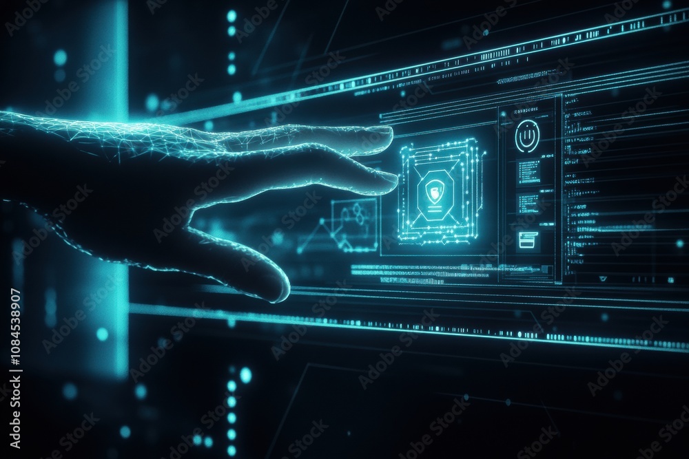 Aufkleber A hand reaches for a screen displaying settings and security icons, symbolizing interaction with digital cybersecurity tools. Generative AI