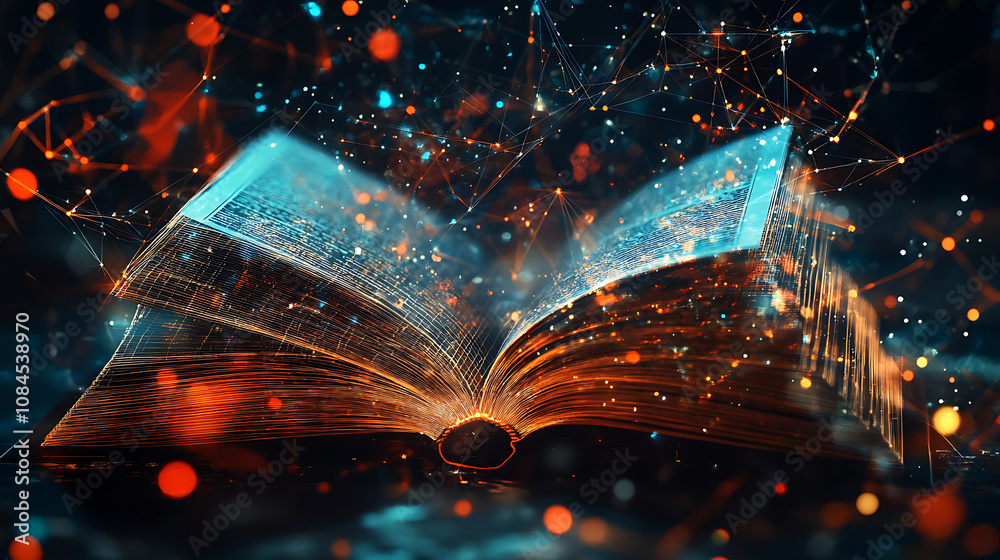Poster a book opens in a digital realm, its low poly wireframe illuminating the path to online education an