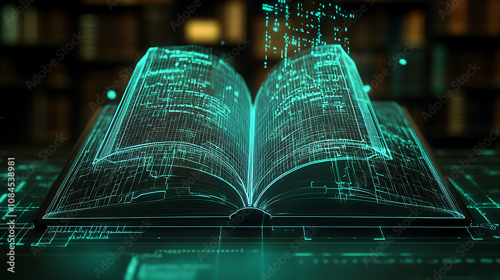 Poster a book opens in a digital realm, its low poly wireframe illuminating the path to online education an