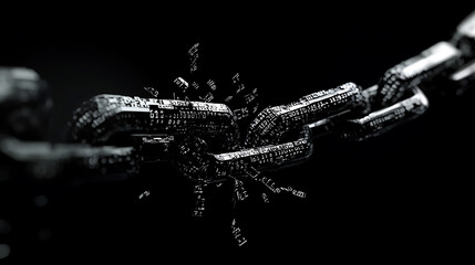 Fototapeta premium A broken chain with digital binary code in the background, symbolizing transition and system change for blockchain technology