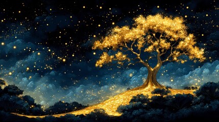 Golden Luminous Tree in a Magical Night Forest Landscape