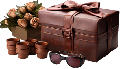 Elegant gift box designed for Father�s Day, filled with premium accessories, perfect for celebrating and showing appreciation to dads, isolated on transparent background.