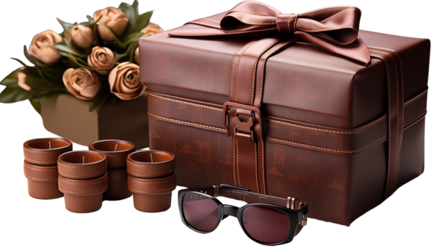 Elegant gift box designed for Father�s Day, filled with premium accessories, perfect for celebrating and showing appreciation to dads, isolated on transparent background.