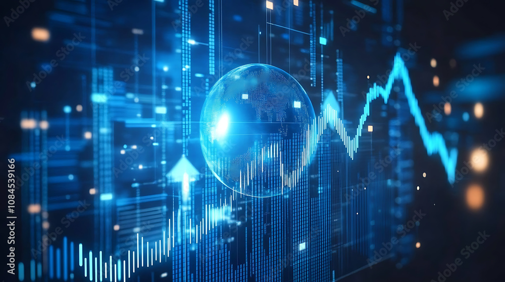 Leinwandbilder A digital background featuring blue graphs and arrows, representing stock market data with the globe in front