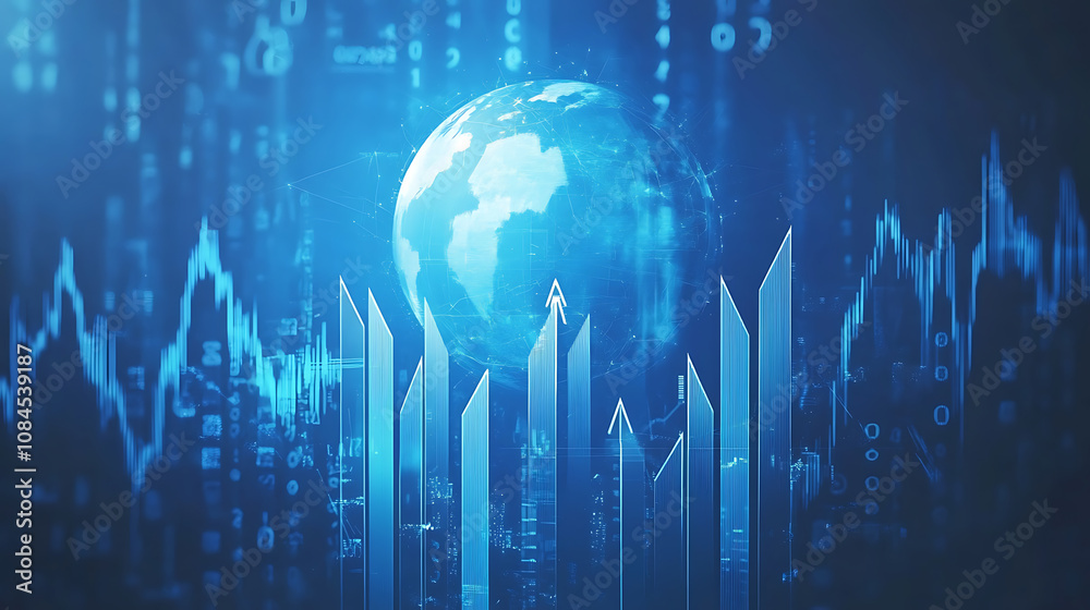 Leinwandbilder a digital background featuring blue graphs and arrows, representing stock market data with the globe