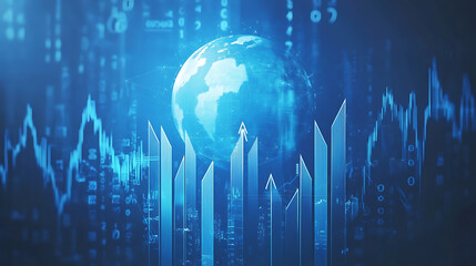 A digital background featuring blue graphs and arrows, representing stock market data with the globe in front