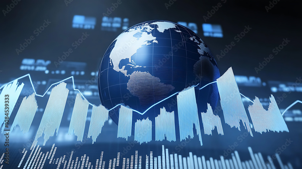 Poster A digital background featuring blue graphs and arrows, representing stock market data with the globe in front