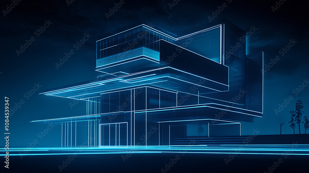 Poster A blueprint of an office building with digital lines and blue hues representing the future of architecture