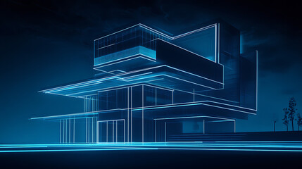 A blueprint of an office building with digital lines and blue hues representing the future of architecture