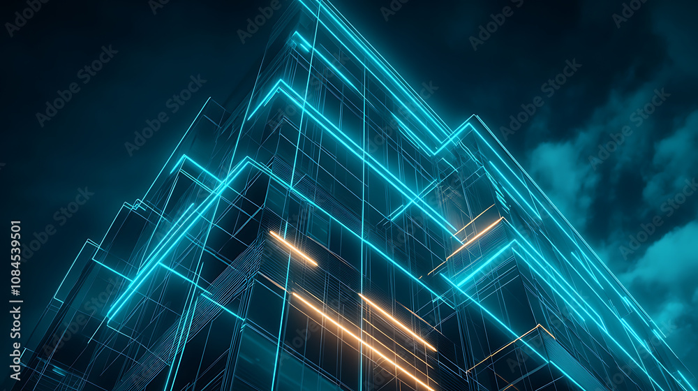 Poster A blueprint of an office building with digital lines and blue hues representing the future of architecture