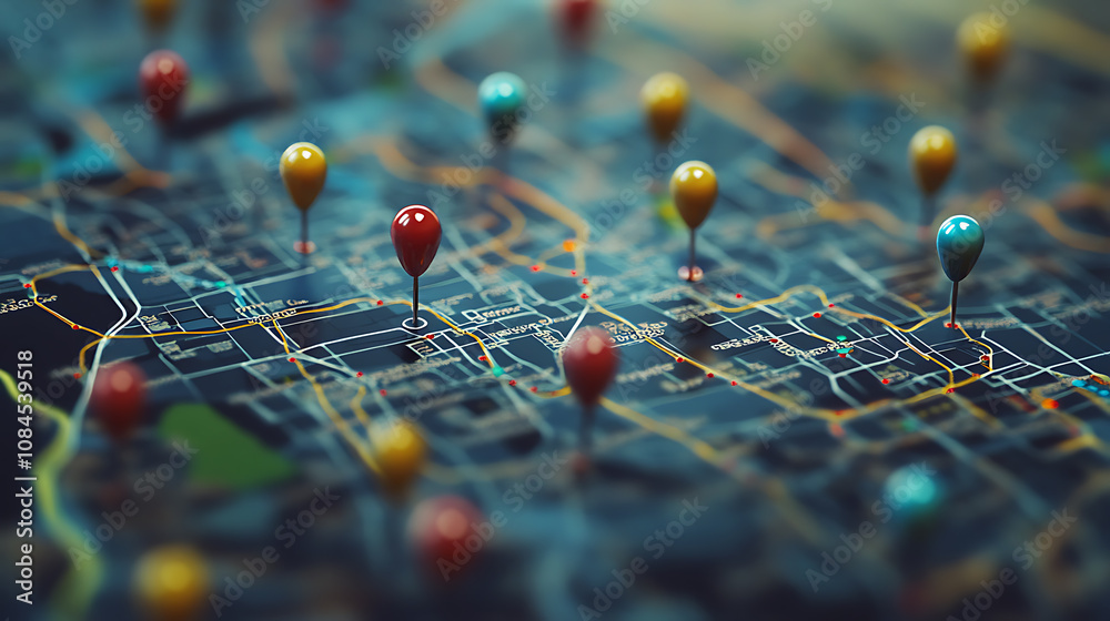 Poster A digital map with pins and markers representing different locations, illustrating the concept of location tracking in online applications or travel planning