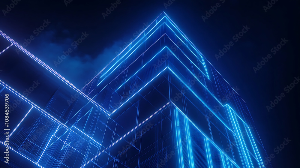 Poster A blueprint of an office building with digital lines and blue hues representing the future of architecture