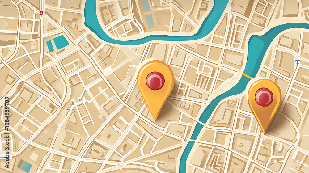 Aufkleber A city map with red pins representing different location points, representing online local search