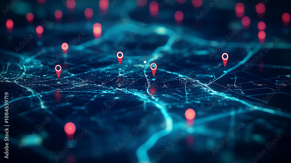 Poster A digital map with pins and markers representing different locations, illustrating the concept of location tracking in online applications or travel planning