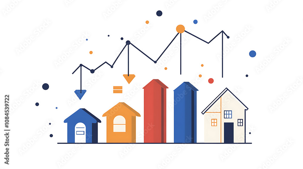 Poster a graph showing an upward trend in real estate value, with houses and arrows symbolizing growth on t
