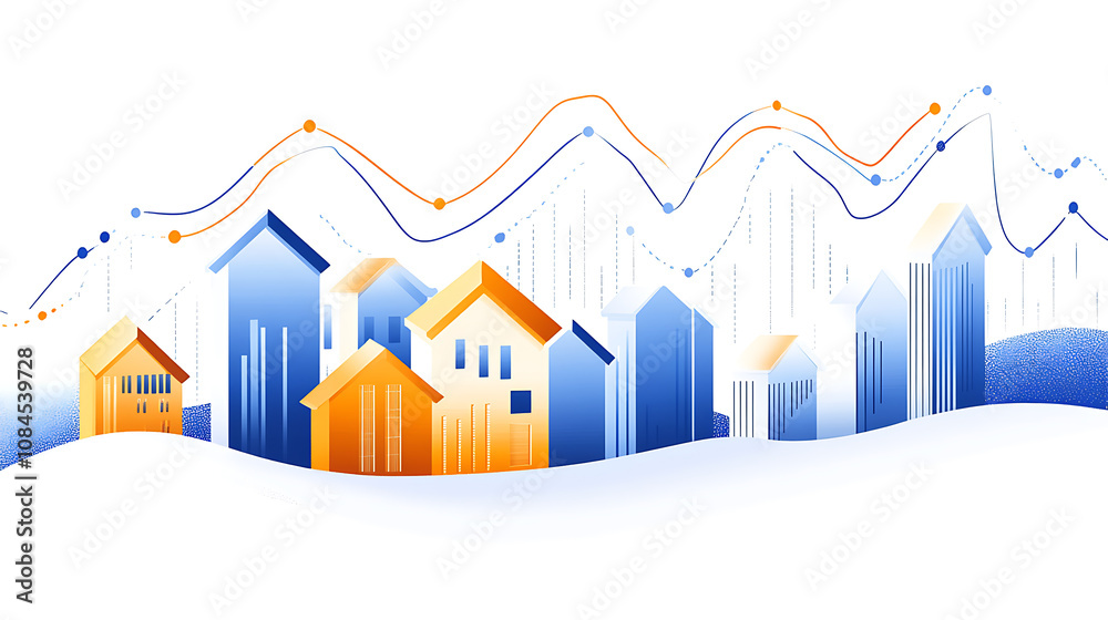 Poster a graph showing an upward trend in real estate value, with houses and arrows symbolizing growth on t