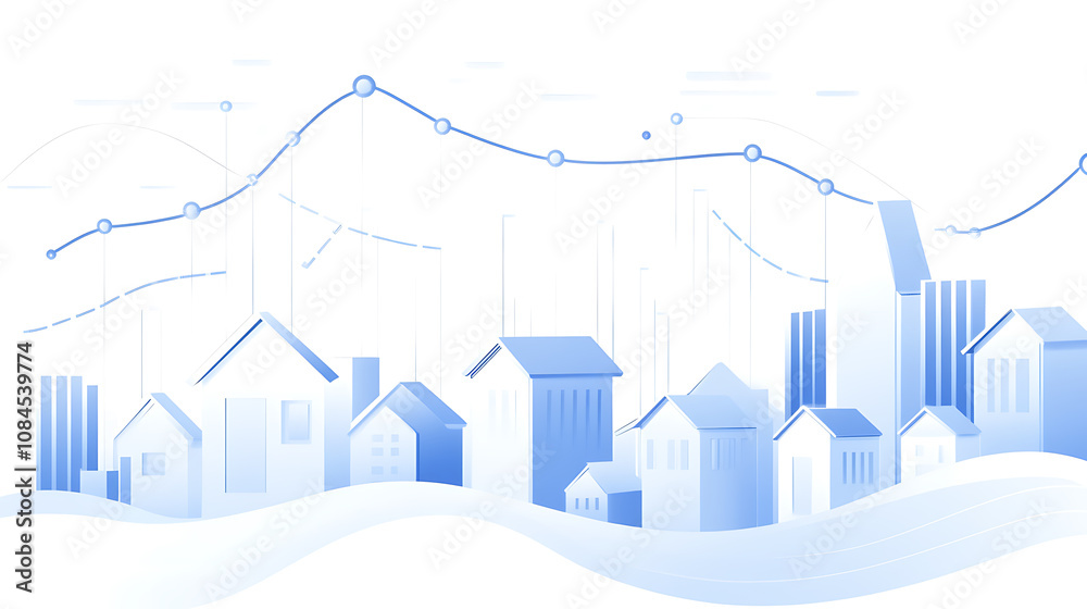 Poster a graph showing an upward trend in real estate value, with houses and arrows symbolizing growth on t