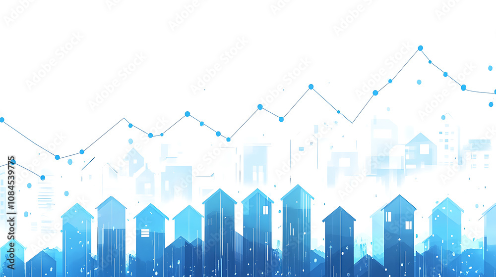 Poster a graph showing an upward trend in real estate value, with houses and arrows symbolizing growth on t