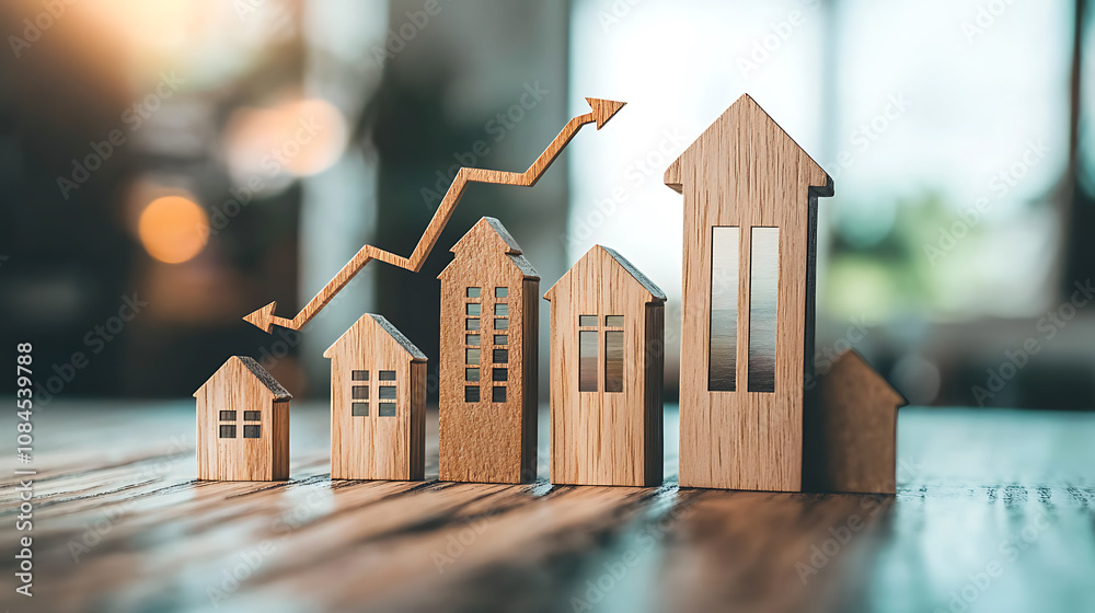 Poster a graph showing an upward trend in real estate value, with houses and arrows symbolizing growth on t