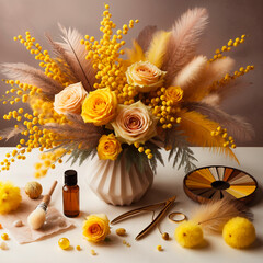 A charming bouquet of vibrant yellow flowers arranged in an elegant vase, radiating warmth and adding a touch of sophistication to the space.