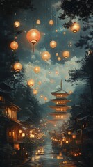Enchanted Japanese Town Pagoda at Night with Lanterns in Rain