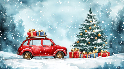 Festive Red Car with Christmas Gifts and Tree - Watercolor Illustrationon blue background