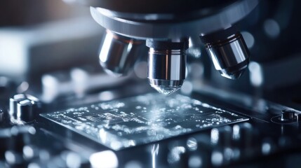 A detailed close-up of a silicon wafer under a microscope, illustrating nanotechnology in the creation of microchips and complex circuits and advanced semiconductor engineering