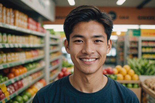 Close portrait of a smiling young Thai male grocer standing and looking at the camera, Thai grocery store blurred background