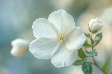 Obraz premium A delicate white flower blooms softly amidst green leaves in a serene garden setting