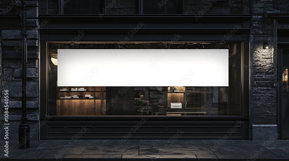 Poster a shop window displays a large blank banner by night, set for a 3d render mockup