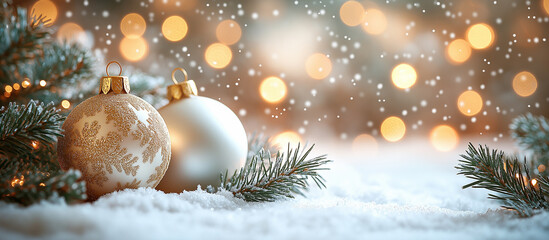 Christmas white decoration and spruce tree close up, bokeh lights background. Merry Christmas and Happy Holidays greeting card, frame, banner. New Year. Noel. Winter festive xmas theme.