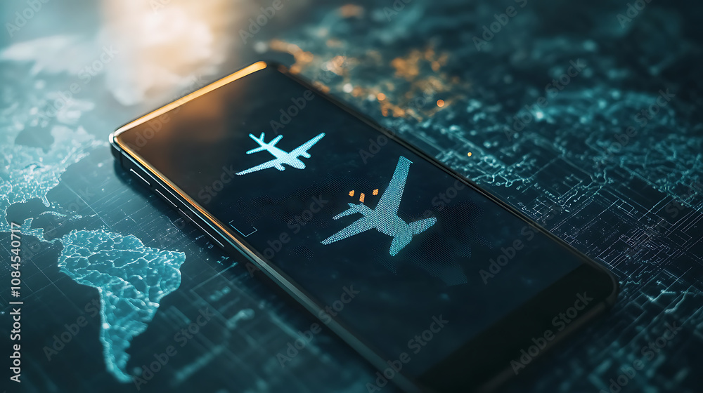 Poster A smartphone with an airplane icon on the screen, placed over a world map mobile device displaying flight information or an easy management platform for air travel