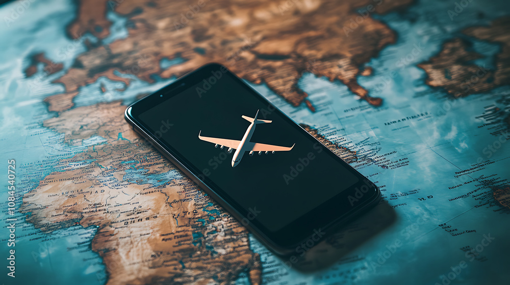 Poster A smartphone with an airplane icon on the screen, placed over a world map mobile device displaying flight information or an easy management platform for air travel